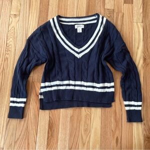 Jessica Simpson V Neck Cable Knit Sweater Womens Small Blue Tennis Academia